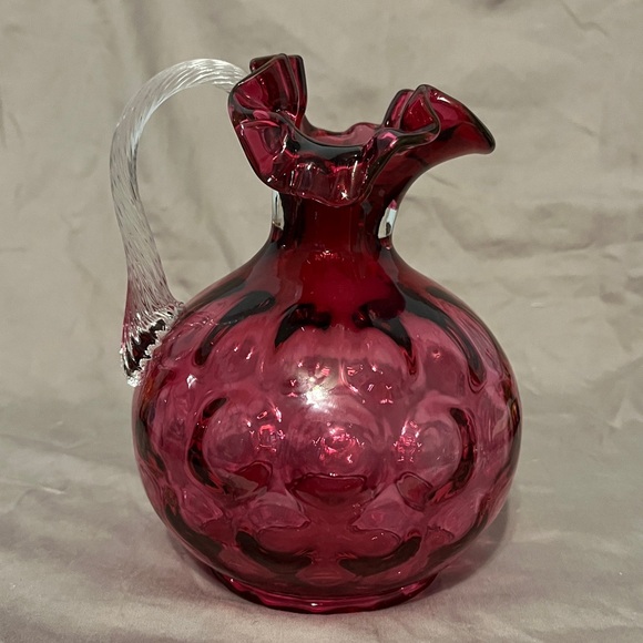 Vintage Fenton Cranberry Glass Pitcher Dot Optic Cranberry 20 Oz Pitcher Ruffled - Picture 3 of 7